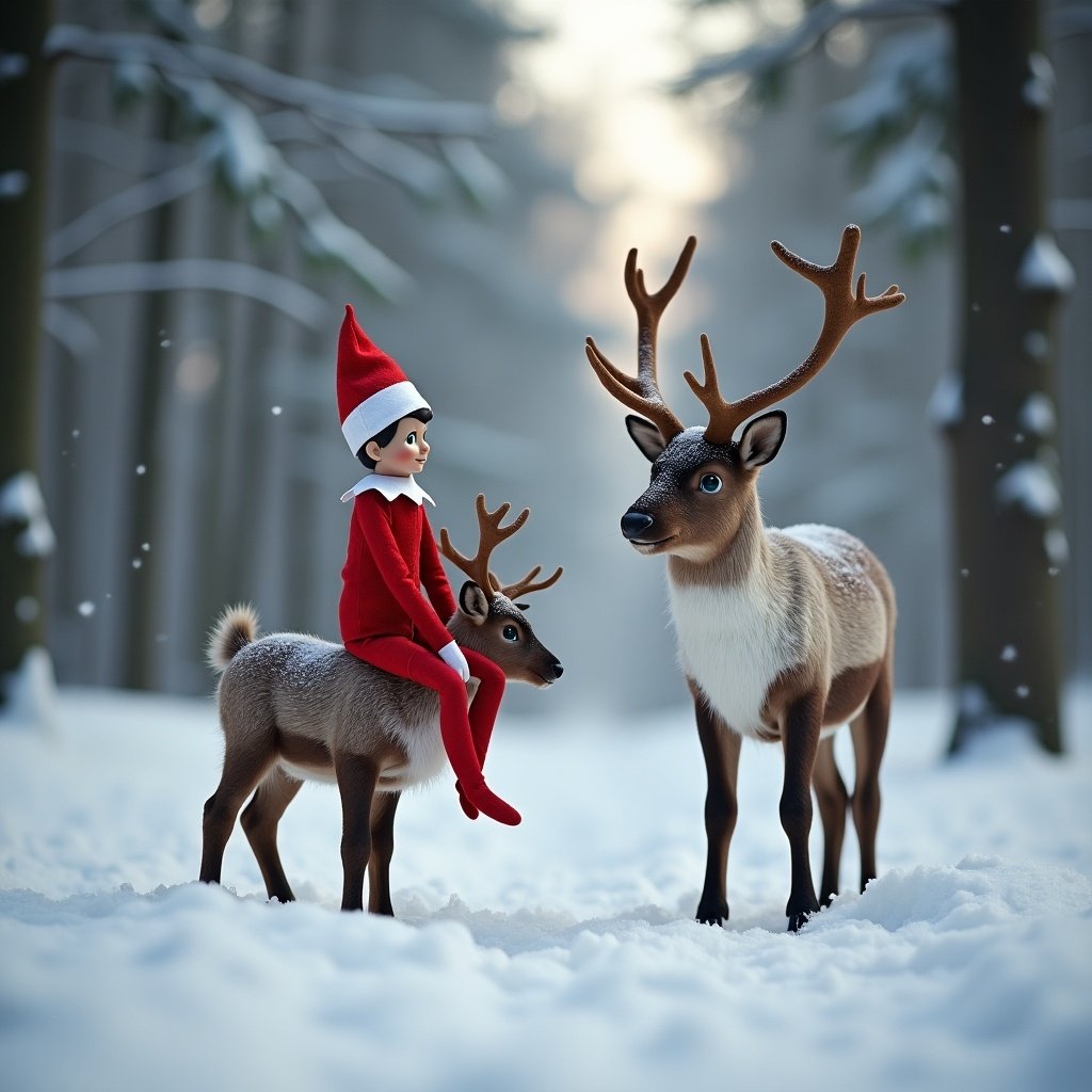 Elf figure dressed in red sitting with two reindeer in a snowy forest. Soft snow falls creating a whimsical winter scene. The elf has a cheerful expression. Reindeer are realistic in appearance.