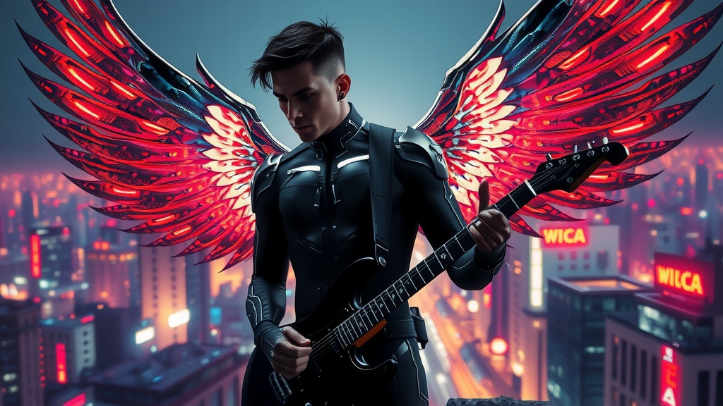 This vibrant digital artwork depicts a futuristic figure clad in black armor, holding a guitar. The most striking feature is the pair of glowing, mechanical wings, radiating a vivid red light. The backdrop is a dazzling cityscape, filled with a myriad of multicolored neon lights, creating a cyberpunk atmosphere.