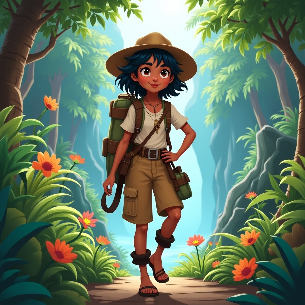 Illustration of a young adventurer in a lush forest setting. Character wearing a hat and shorts, surrounded by bright flowers and greenery. Background features a mystical light. Mood is adventurous and playful.