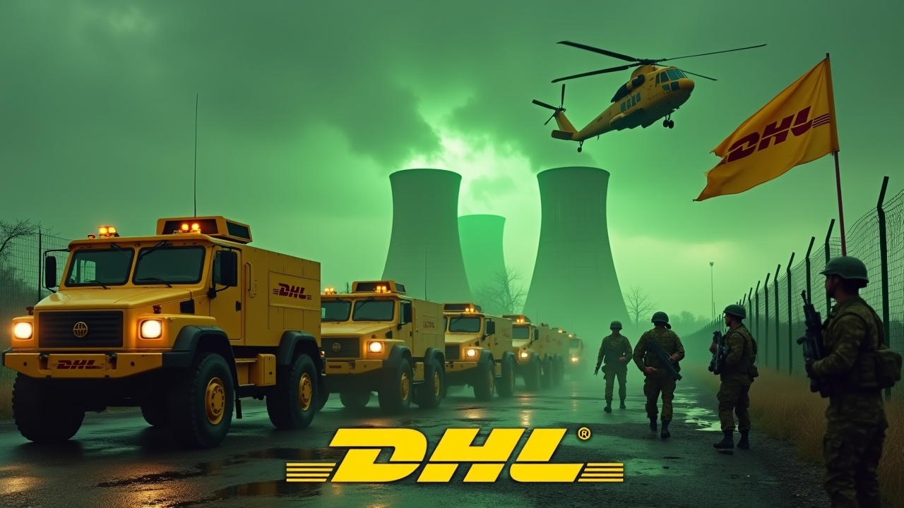 In a dramatic scene, several large yellow armoured cars drive up to a fence. The armoured cars are painted with the DHL logo. Nearby, several soldiers holding rifles are seen marching together in unison. One soldier stands valiantly holding a flag with the DHL logo. In the background, we can see the smokestacks of a nuclear power plant, glowing green. The sky is illuminated by an evil green glow, and a large yellow Chinook cargo helicopter flies above, adding to the intensity of the scene. At the bottom, we see the DHL logo, displayed in bold, yellow text.