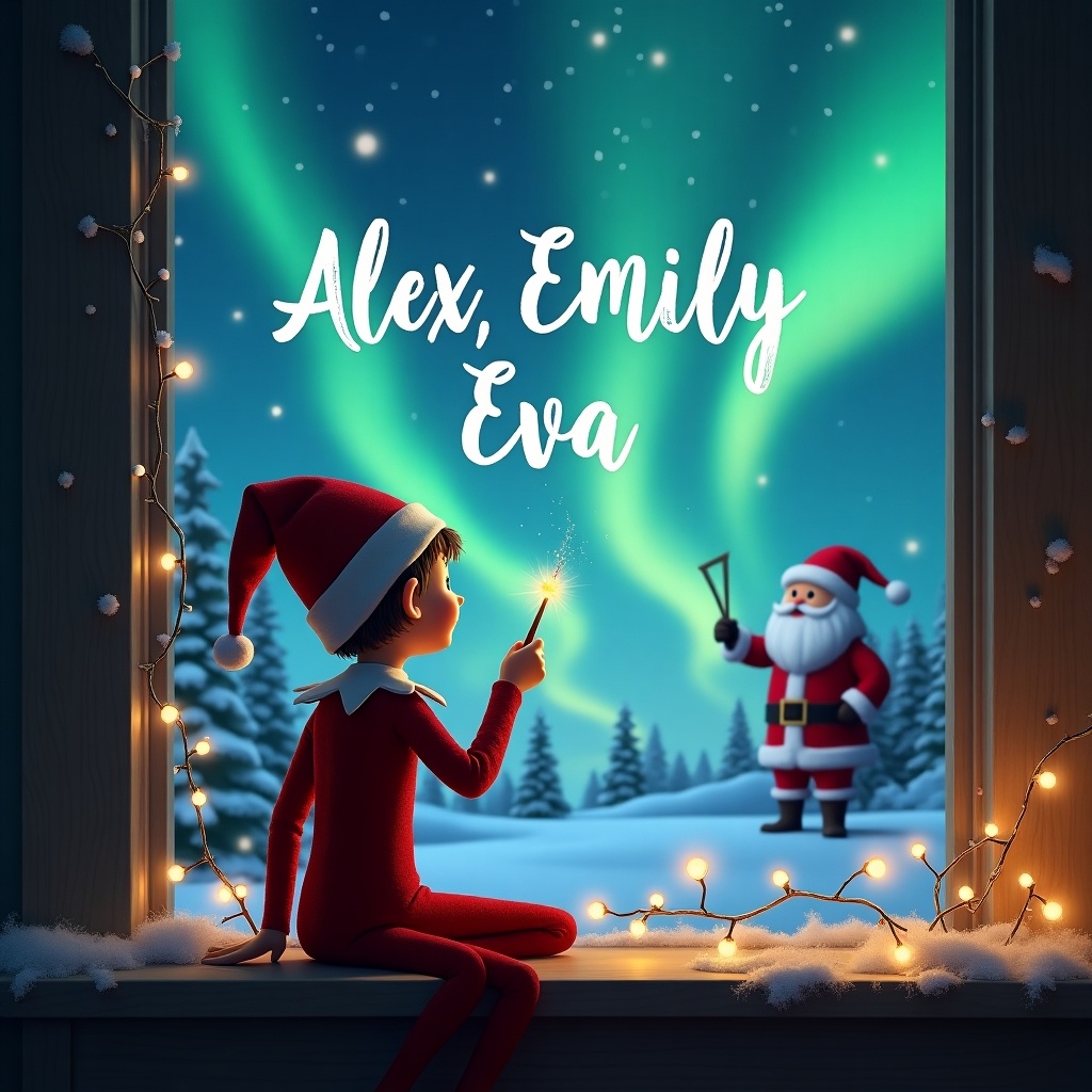 The image portrays an elf on the shelf sitting on a window ledge, turned away from the viewer. The elf is using a wand to write the names Alex, Emily, and Eva in the sky. The backdrop is a vibrant Christmas scene featuring the Northern Lights and Santa Claus standing in the snow. Twinkling Christmas lights adorn the window frame, enhancing the magical atmosphere. The scene evokes warmth and festive joy, suitable for capturing the essence of the holiday spirit in a child's imagination.