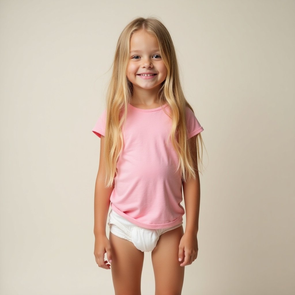 Girl with long blond hair stands before a neutral background. She wears a casual pink t-shirt and a diaper. Her expression is sweet and playful.