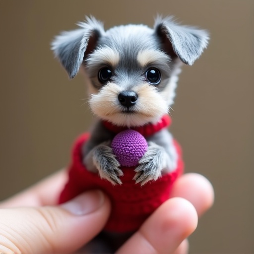 Tiny gray schnauzer puppy stands up. Puppy has a purple mini ball toy on a fingertip. Puppy dressed in a red crochet outfit. Small body fits on one finger. Puppy has a tender face with a big happy smile. Cheerful demeanor with lovely smile.