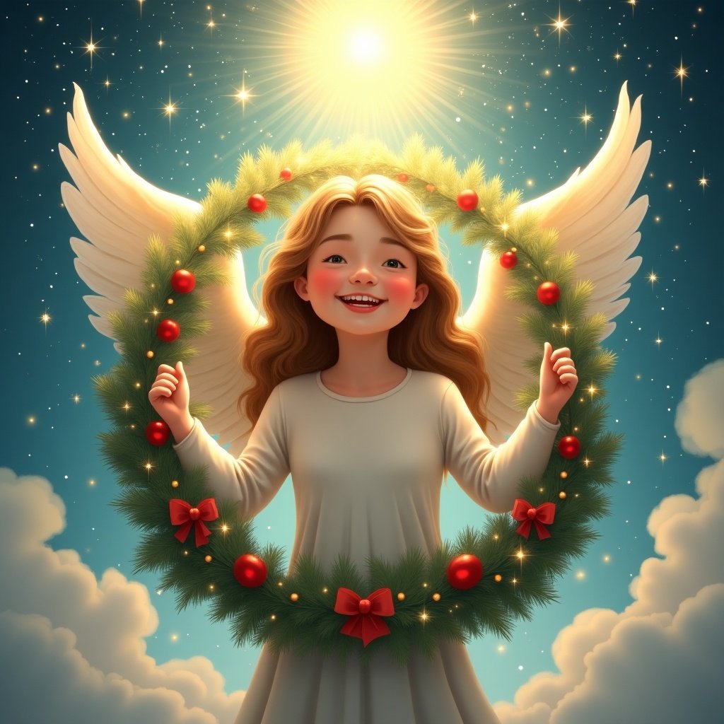 Angel embodies Christmas cheer. Surrounded by festive wreath. Heavenly light creates serene atmosphere. Background features stars and clouds.