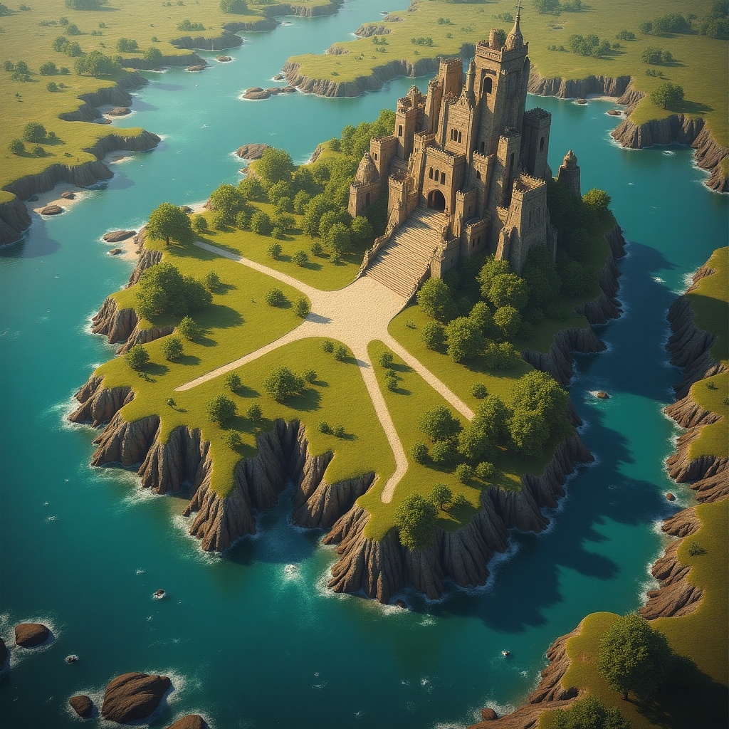 Fantasy landscape with a detailed heightmap. A majestic castle sits atop a lush, green island surrounded by clear blue waters. Paths lead up to the castle through greenery. Rugged cliffs border the island.