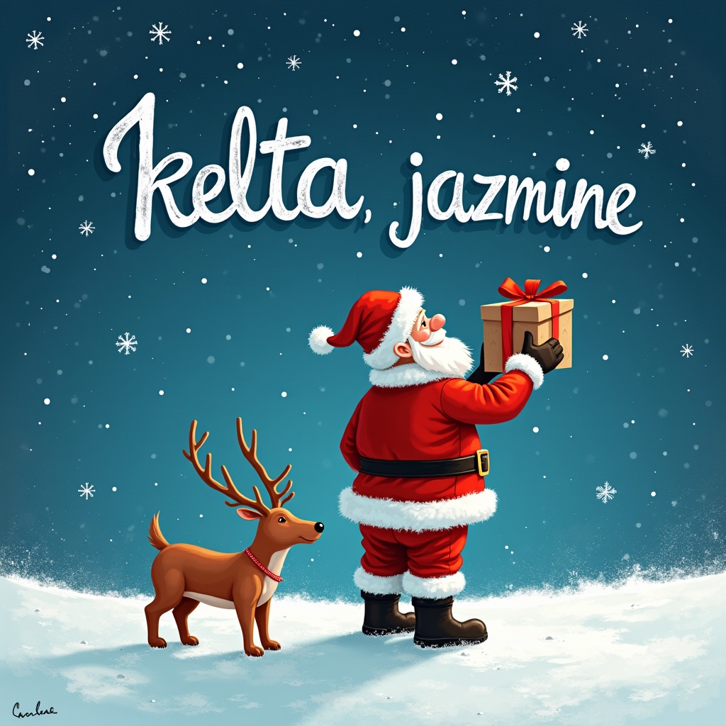 A colorful illustration of Santa Claus standing in the snow, joyfully holding a Christmas gift. Beside him is a cute reindeer, looking up at Santa. The background features a night sky filled with snowflakes. In big, cheerful letters above, the names 'Kelta' and 'Jazmine' are written as if drawn by Santa in the sky. This scene radiates holiday cheer and captures the essence of Christmas magic. The colors are vibrant, with a festive red and white palette highlighting the joyous atmosphere.