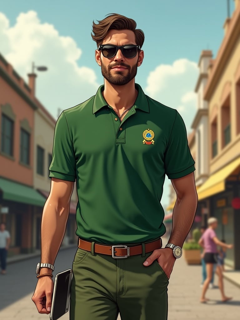 Character inspired by modern gaúcho tradition. Strong male figure with a serious yet welcoming expression. Dressed in a green polo with Stone logo, traditional bombacha pants, wide-brimmed gaucho hat, and white neck scarf. Equipped with a stylish knife on a decorative leather belt, modern headphones or digital device in hand. Positioned in front of the iconic Mercado Público of Porto Alegre. Bright and inviting colors.