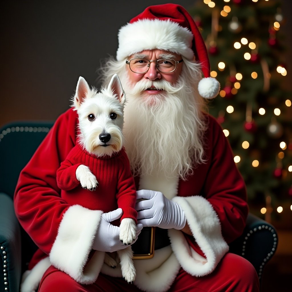 Santa Claus holds a white Highland Terrier while sitting in a festive setting. The background includes a Christmas tree decorated with lights.