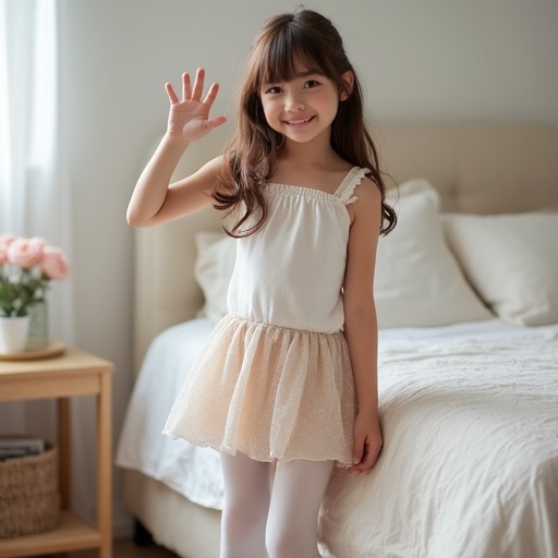 Playful nine years old girl in blouse and miniskirt wearing white pantyhose. Brown hair. Standing next to bed. Waving hand.