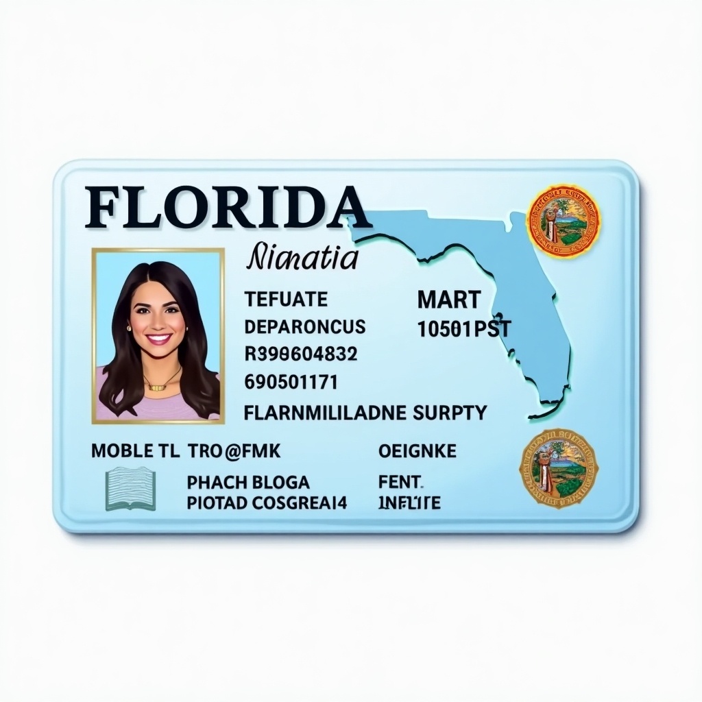 Image shows realistic Florida driver's license. Features personal details, unique ID number, and state logos. Color scheme is light blue with gold accents. Standard design layout of state-issued ID. Organized and easy to read.