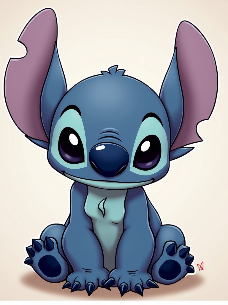 A cute animated character sits happily with large ears and a big smile. The character has a blue body and light blue belly. It has a friendly expression with large eyes and small claws. The background is soft and neutral colored.