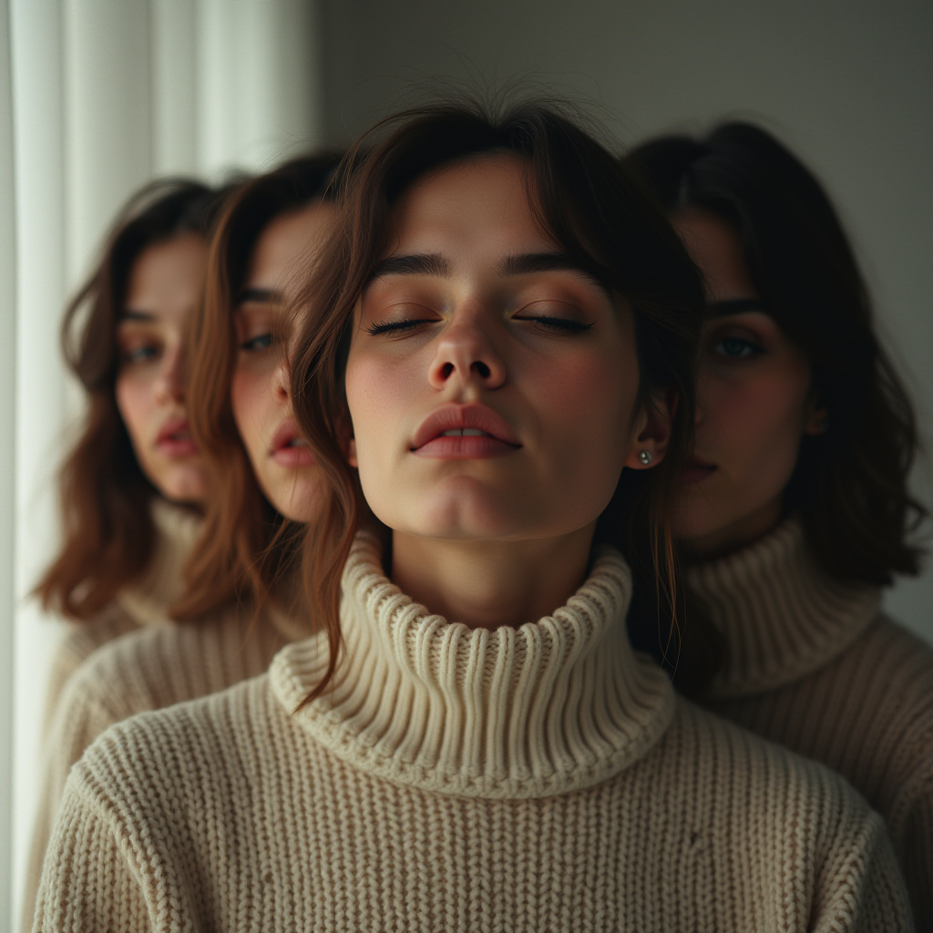 A woman with closed eyes stands in serene reflection, surrounded by her mirror images.