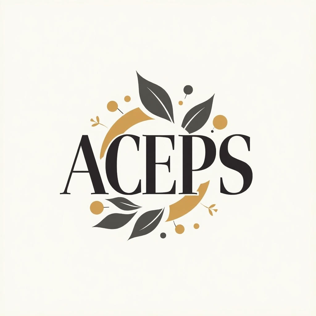 Design features the acronym ACEPS in a sophisticated font. Elements include leaves and circles creating a decorative border. The color scheme is gold, green, and black on a light background.