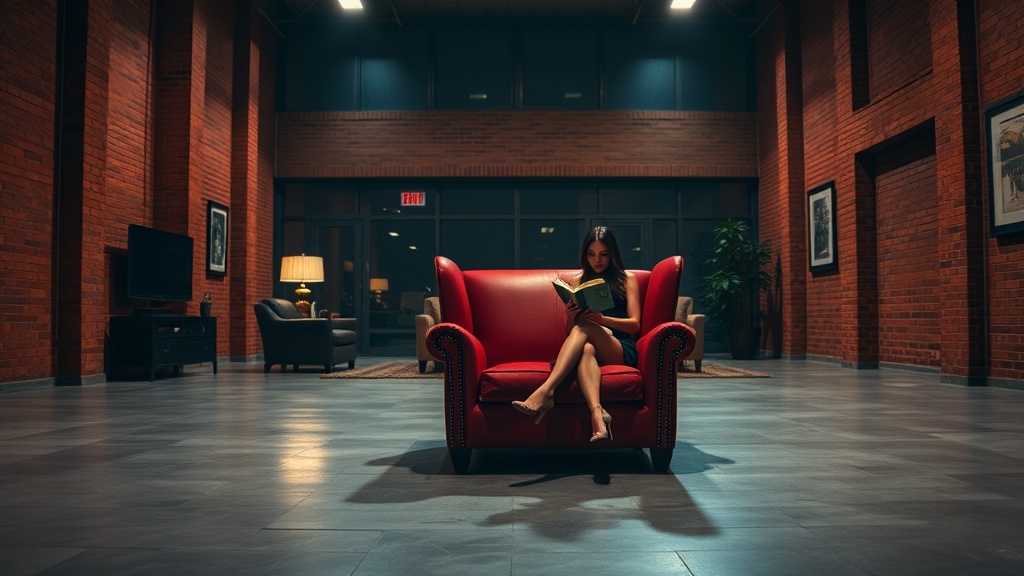 A woman sits alone in a spacious, modern atrium on a striking red armchair, reading a book. The room features brick walls and muted lighting, creating a serene, contemplative atmosphere. The floor-to-ceiling windows in the background let in minimal light, adding to the intimate ambiance of the scene.