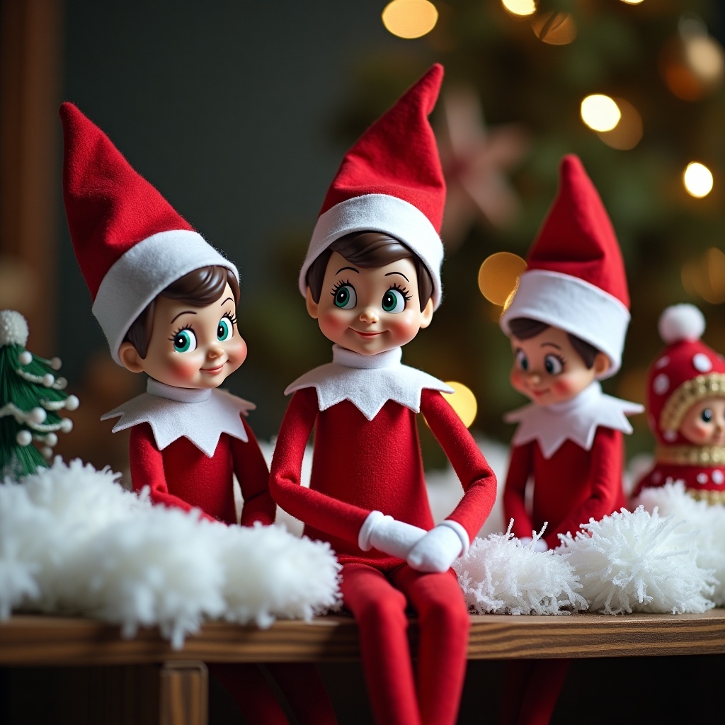 Three elves with green eyes and blonde purple bangs on a table. Festive red outfits. Surrounded by winter decorations. Cozy scene with blurred Christmas lights in background.