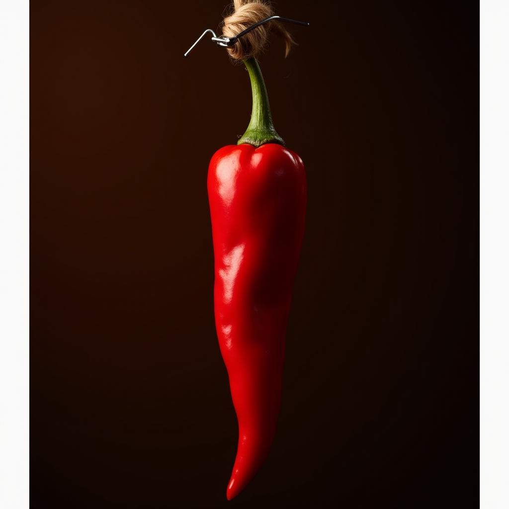 A vibrant red chili pepper with a whimsical bun hairstyle on top.