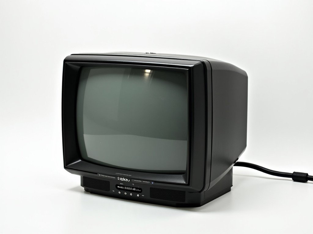 A photograph of a vintage black CRT television set on a white background, showcasing retro design and nostalgia of old technology.