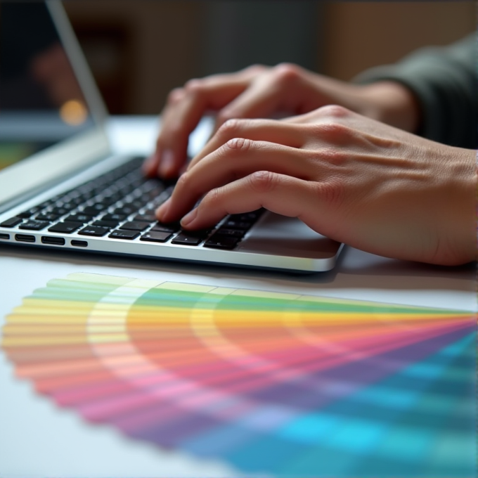 Hands are typing on a laptop keyboard with a color palette nearby.