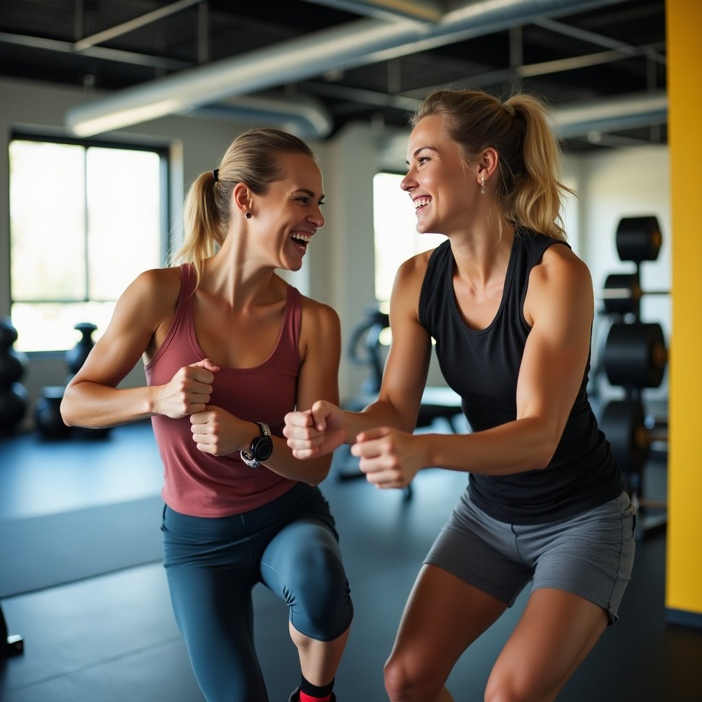 Two women laughing while exercising in a gym. They are wearing fitness apparel. Bright gym environment with workout equipment visible.