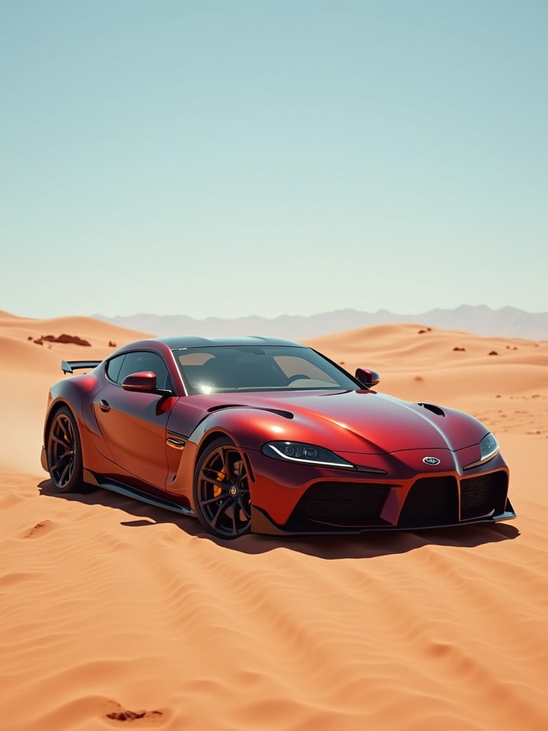 A sleek sports car parked on a sandy desert landscape under a clear blue sky. The car is vibrant red with black accents. The desert surrounds the vehicle with soft dunes in the background.