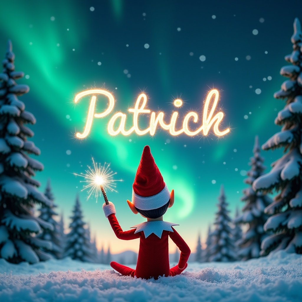 The image features an elf on the shelf, sitting with its back to the viewer. The elf is facing a beautiful sky filled with northern lights while using a magical wand to write names in the sky. The scene is set in a winter wonderland with snow covering the ground and evergreen trees in the background. Above the elf, the name 'Patrick' is elegantly written in sparkling light. The overall atmosphere is whimsical and festive, capturing the spirit of Christmas.