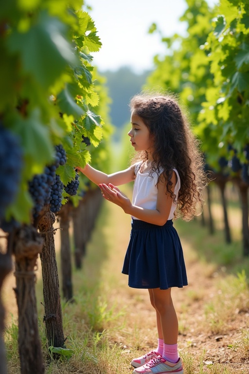 A girl in a vineyard examines grapes. She has curly brown hair. She wears a white top and blue skirt. She is also wearing pink socks and shoes. It is a sunny day. The setting has lush blue vines. DSLPhotography captures a rural moment.