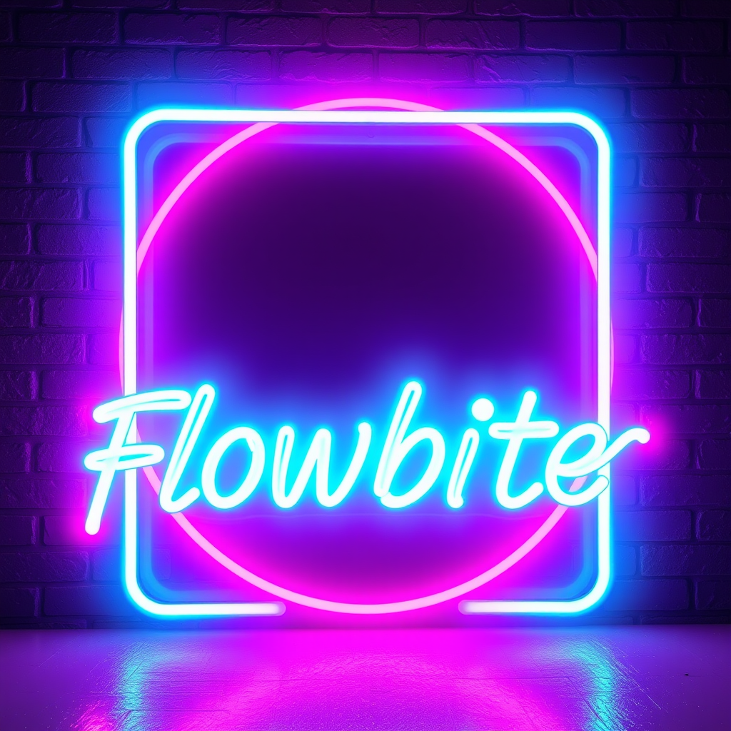 A vibrant neon sign with 'Flowbite' in blue cursive font, outlined by a square and semi-circle of blue and pink neon lights against a dark brick wall.