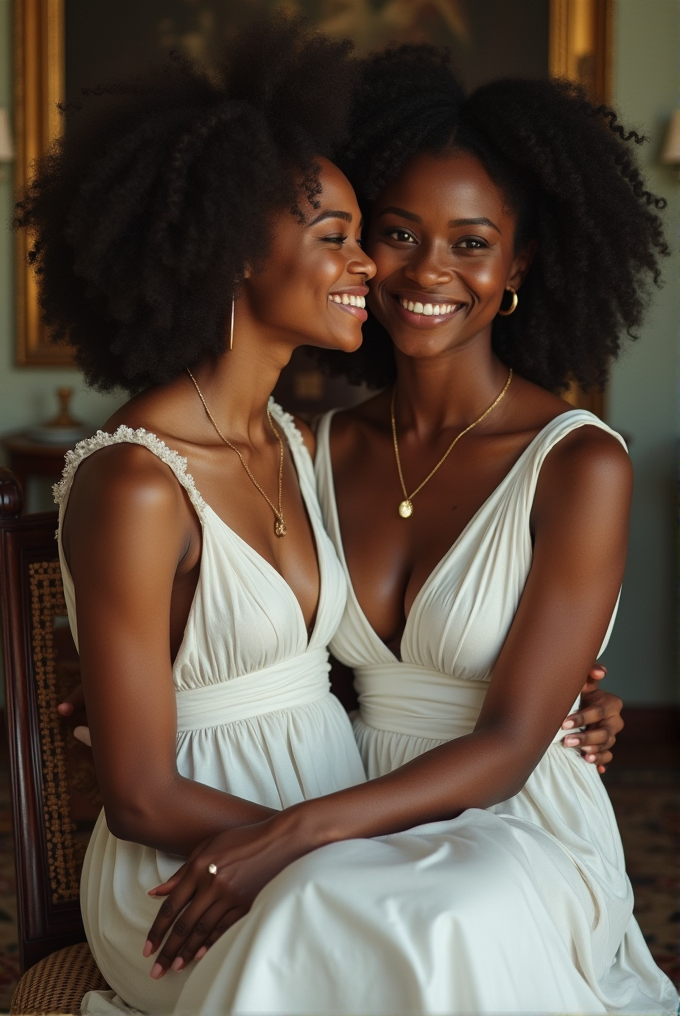 Two women with voluminous natural hair in elegant white dresses share a joyful moment, smiling in a warmly lit room.