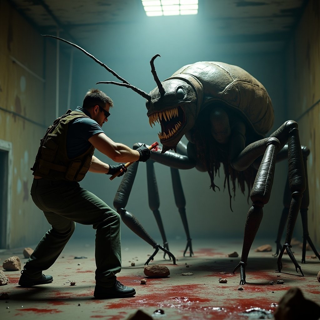 A man battles a monstrous insect creature in a dimly lit room. The man wears tactical gear and sunglasses. He holds a bloodied crowbar. The creature is insect-like with fangs and many legs. The setting looks gritty with debris. Blood and tension fill the air, resembling a video game duel.