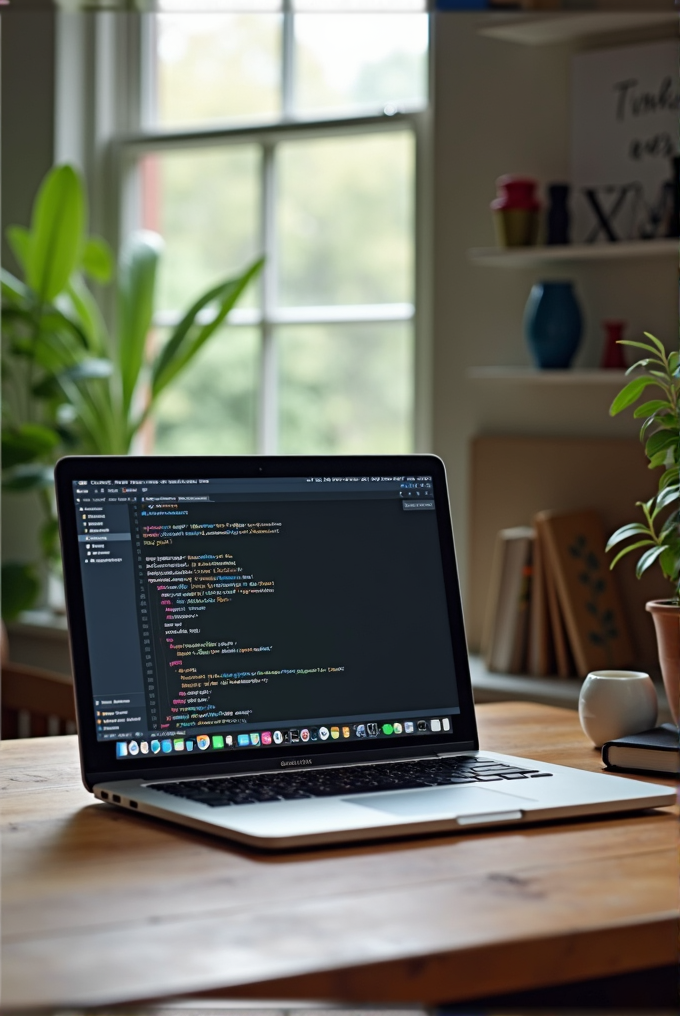 A laptop displaying code sits on a wooden table in a bright, plant-filled room.