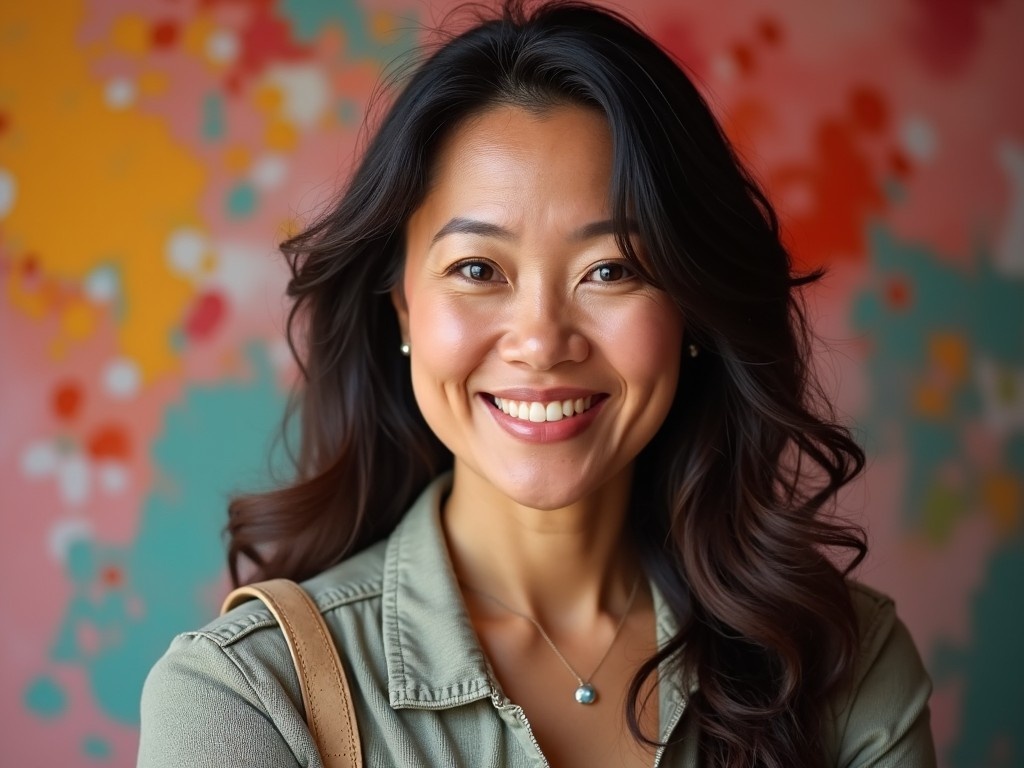 A close-up portrait of a woman with long, flowing hair, smiling warmly. She appears happy and confident, creating a welcoming atmosphere. The background is colorful, featuring soft abstract patterns in shades of peach, blue, and orange. Her outfit is casual yet stylish, and she wears a simple necklace that complements her look. The lighting is soft and enhances her facial features, adding warmth to the overall image. This portrait captures a sense of joy and approachability.