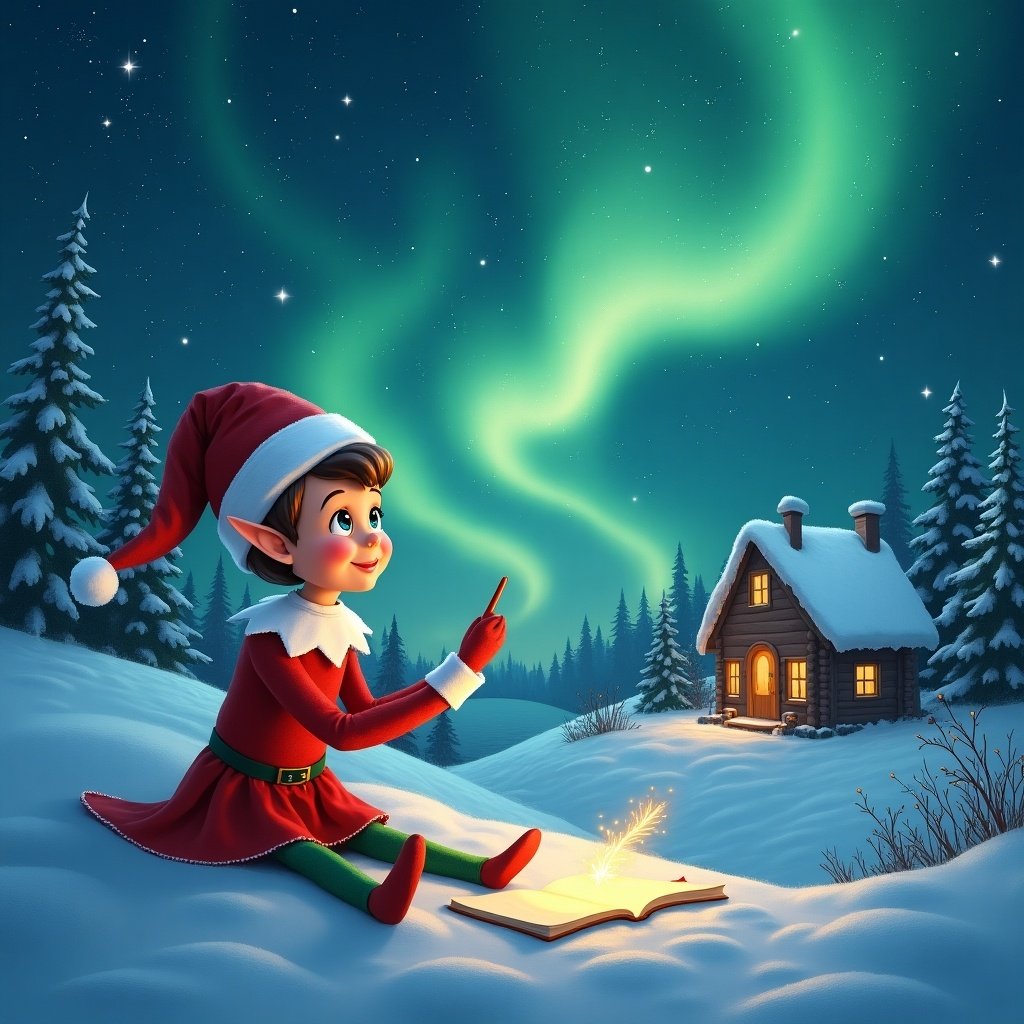 A whimsical scene of an elf sitting on the snow with a joyful expression. The elf is wearing a classic red and green outfit with a pointed hat. In front of the elf, an open book releases sparkling letters into the sky. The background features the enchanting northern lights swirling above a cozy cabin glowing with warm light. The surrounding landscape is covered in soft, white snow and tall, snowy evergreen trees. The atmosphere conveys a sense of holiday cheer and magic.