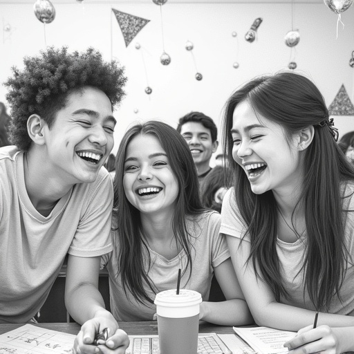 Detailed hyper-realistic pencil sketch of students in a classroom. Students are laughing and celebrating. Classroom is decorated for a party. Composition follows rules of thirds with a wide shot. Lighting is chiaroscuro. Texture features smooth blended shading. Image presents high contrast monochrome tone.