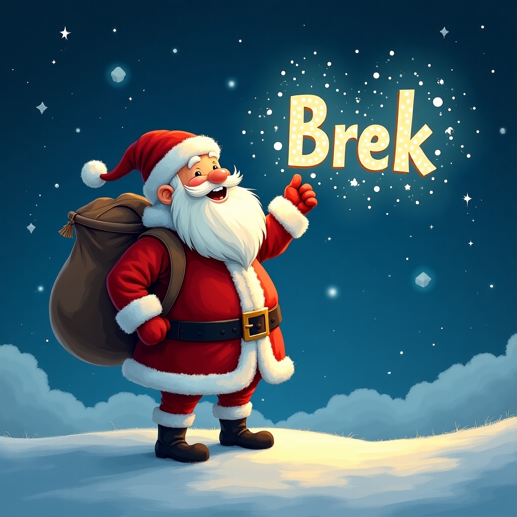 The image features Santa Claus standing joyfully on a snowy landscape. He has a big bag of gifts slung over his shoulder. Santa is pointing happily at the sky where the word 'Brek' is magically written in bright, glowing letters. The background is a deep blue with soft white clouds and twinkling stars, creating a whimsical holiday atmosphere. His classic red suit and fluffy white beard stand out against the snow, making it a festive and cheerful scene.