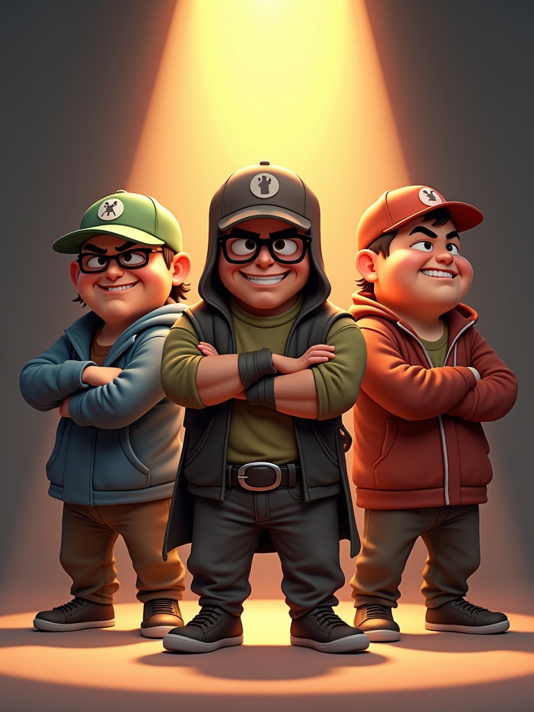 Three animated characters styled as thugs ready for action. Designed for a meme coin promotion called Hatz. Bright spotlight reveals mischievous expressions. Cartoonish appearance, ready to engage viewers.