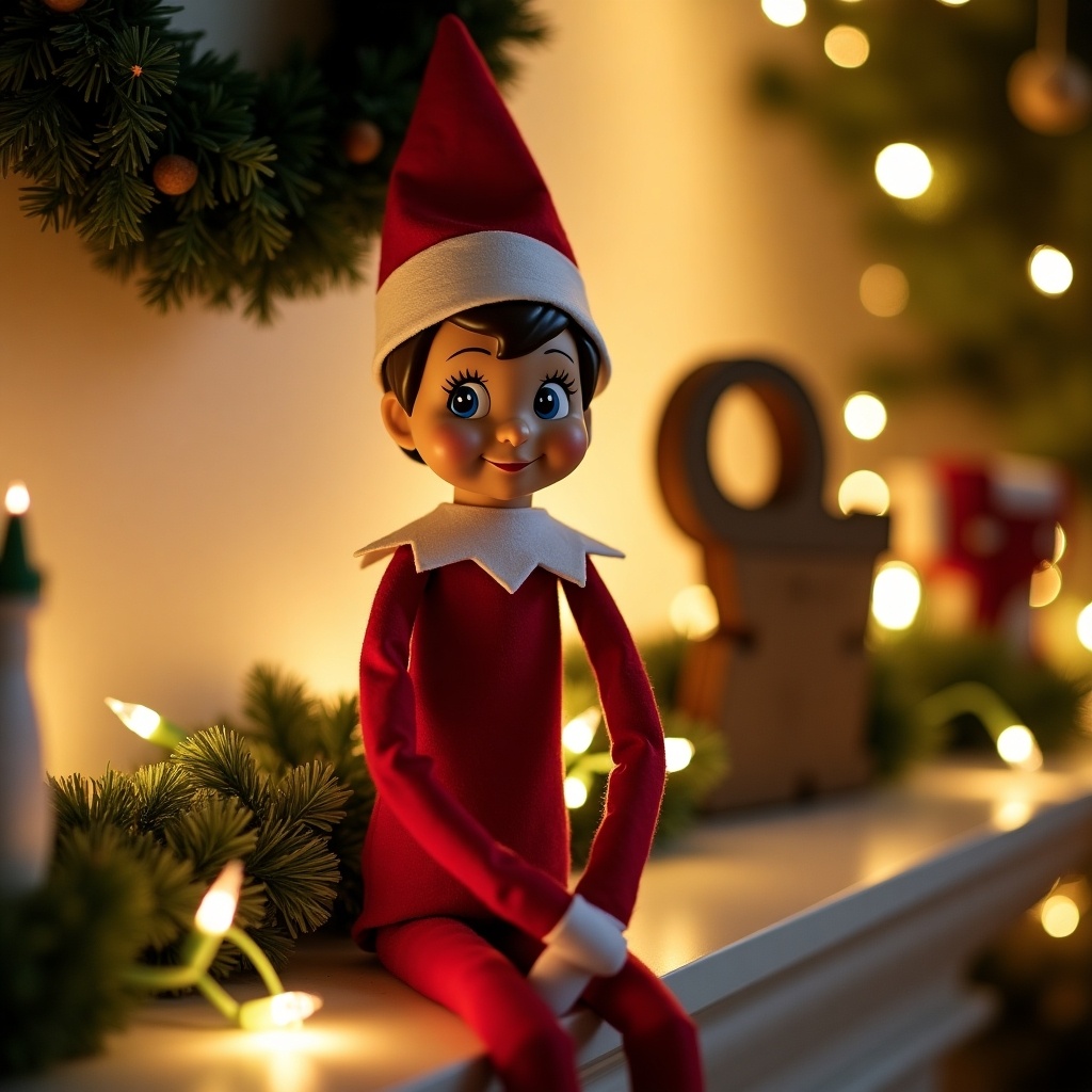 The image features a cheerful elf on the shelf named Maya & Esme, sitting on a mantel. Dressed in a classic red outfit with a white collar and hat, the elf has a friendly smile that captures the magic of the holiday season. Surrounding the elf are festive decorations, including a wreath and Christmas lights that create a warm ambiance. The background is softly illuminated with glowing lights, enhancing the cozy holiday feel. This scene embodies the spirit of Christmas and family traditions, inviting joy and nostalgia.