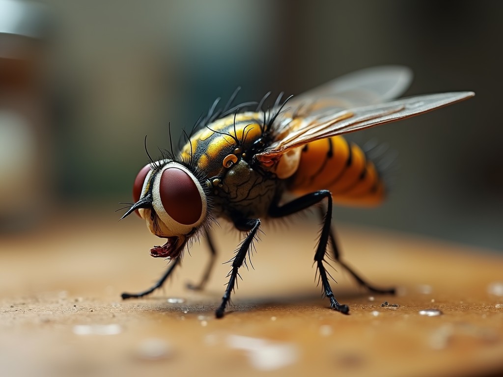 This close-up image captures the intricate details of a brightly colored fly. The fly's vibrant yellow and orange body, large compound eyes, and semi-transparent wings are sharply in focus against a softly blurred background, emphasizing the intricacy of its anatomy. The lighting highlights the fly's texture, creating a vivid and striking portrayal of this common insect.