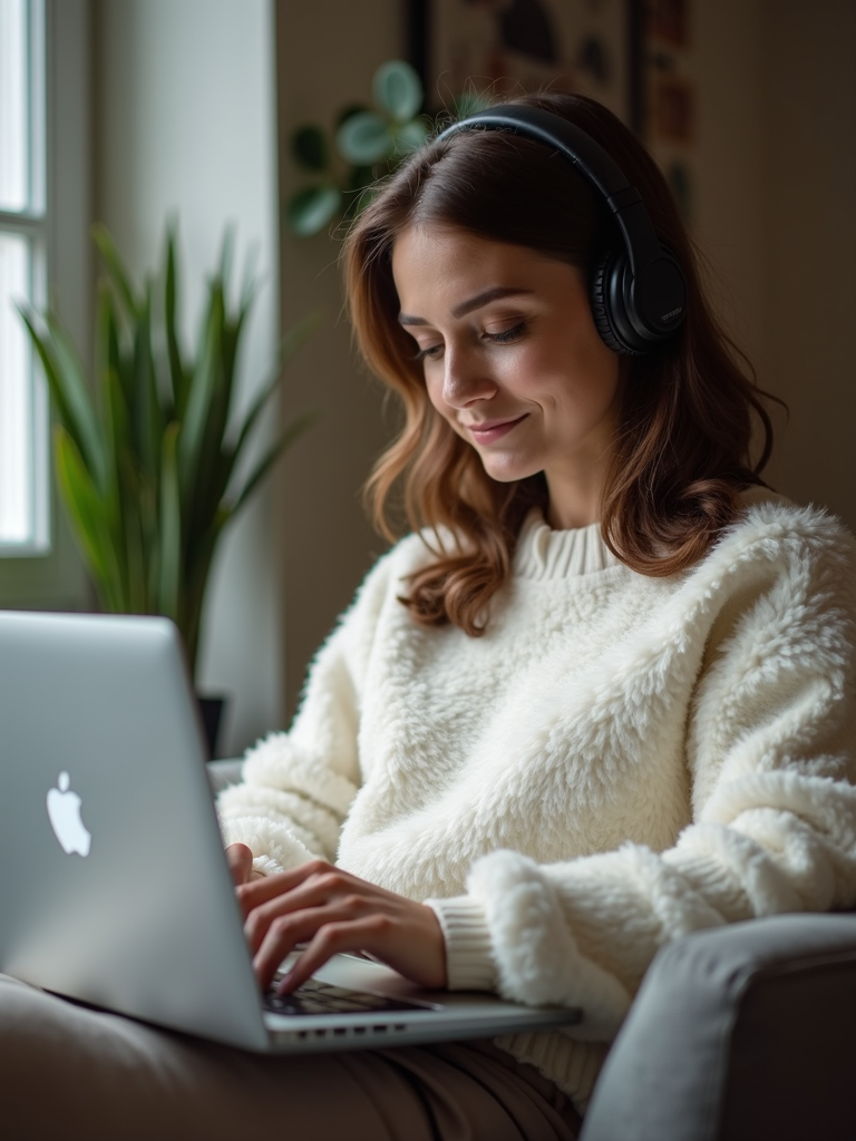 A woman in a cozy sweater types on a laptop while wearing headphones, creating a peaceful home office vibe.