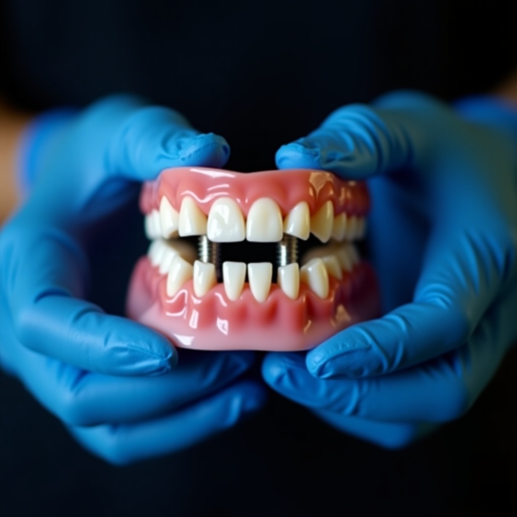 This image displays a pair of hands wearing blue medical gloves, carefully holding a dental prosthetic. The prosthetic features a set of upper teeth integrated with a pink base that mimics gums. Notable metal fasteners can be seen on the upper section, indicating its design for attachment to dental implants. The background is dark, which serves to prominently highlight the dental appliance and its details. The setting suggests an emphasis on dental health and clinical practices in dentistry.