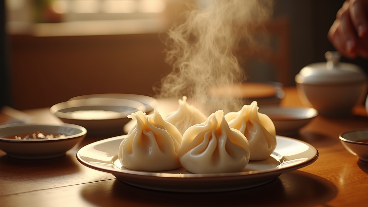 The scene captures the warm atmosphere of early winter. In the center, a plate of steaming hot dumplings is displayed. Their white, crystal-clear skins showcase the plump fillings. The slight steam rising from the dumplings indicates they have just been cooked. The background reflects the characteristics of the early winter season, with a warm indoor setting. Nearby are small dishes of soy sauce, vinegar, and other dipping sauces, enhancing the inviting, cozy feel of the scene.