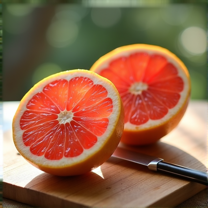 A juicy grapefruit cut in half on a wooden board with a knife nearby.