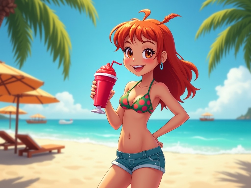 The scene features a cheerful young girl with vibrant red hair standing at a sunny beach. She is wearing a green polka-dot bikini and stylish short shorts, embodying a fun summer vibe. In her hand, she holds a bright red slurpee, playfully sipping it while posing for the viewer. The backdrop consists of a clear blue ocean, gentle waves, and lush palm trees, showcasing a perfect beach day. This image captures the essence of youthful enjoyment and relaxation on a tropical vacation.