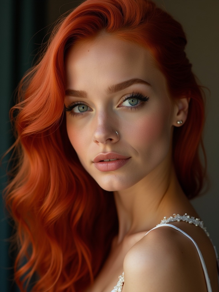 Portrait of a woman with captivating red hair. Elegant makeup enhances her features. Soft lighting creates a warm atmosphere. The focus is on the hair and styling.