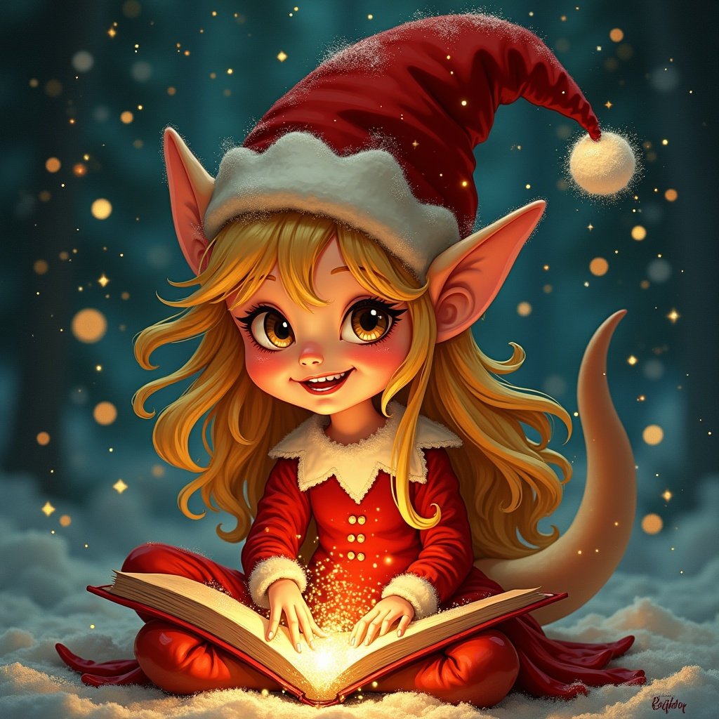 Christmas elf writing greeting in sparkles. Unwrapped book in snowy setting. Elf wearing a red outfit and festive hat. Glow and warmth emanating from the scene.