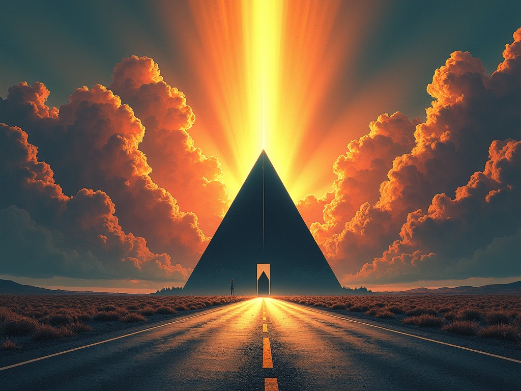 The scene resembles an old comic book cover. A dark triangular pyramid stands prominently in the center of a wide road, creating a sense of mystery. Above, vibrant clouds are illuminated by a shaft of golden light, evoking a dramatic atmosphere. The colors are rich and saturated, echoing classic comic art styles. The distant landscape fades into shadows, adding depth and intrigue to the composition. This artwork blends elements of science fiction with nostalgic flair.