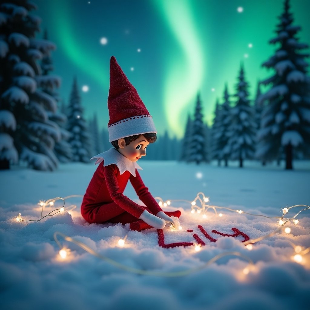 An elf on the shelf is sitting in a snowy winter landscape. The elf wears a bright red outfit and a pointed hat. He is carefully writing the name 'Lilly' in the fresh snow. Vibrant northern lights glow in the background, creating a magical atmosphere. Surrounding the elf are twinkling fairy lights that enhance the festive ambiance. The scene depicts the essence of Christmas and the joy of childhood wonder. It's a serene winter backdrop with beautiful details. This image captures the magic of the holiday season in a captivating way.