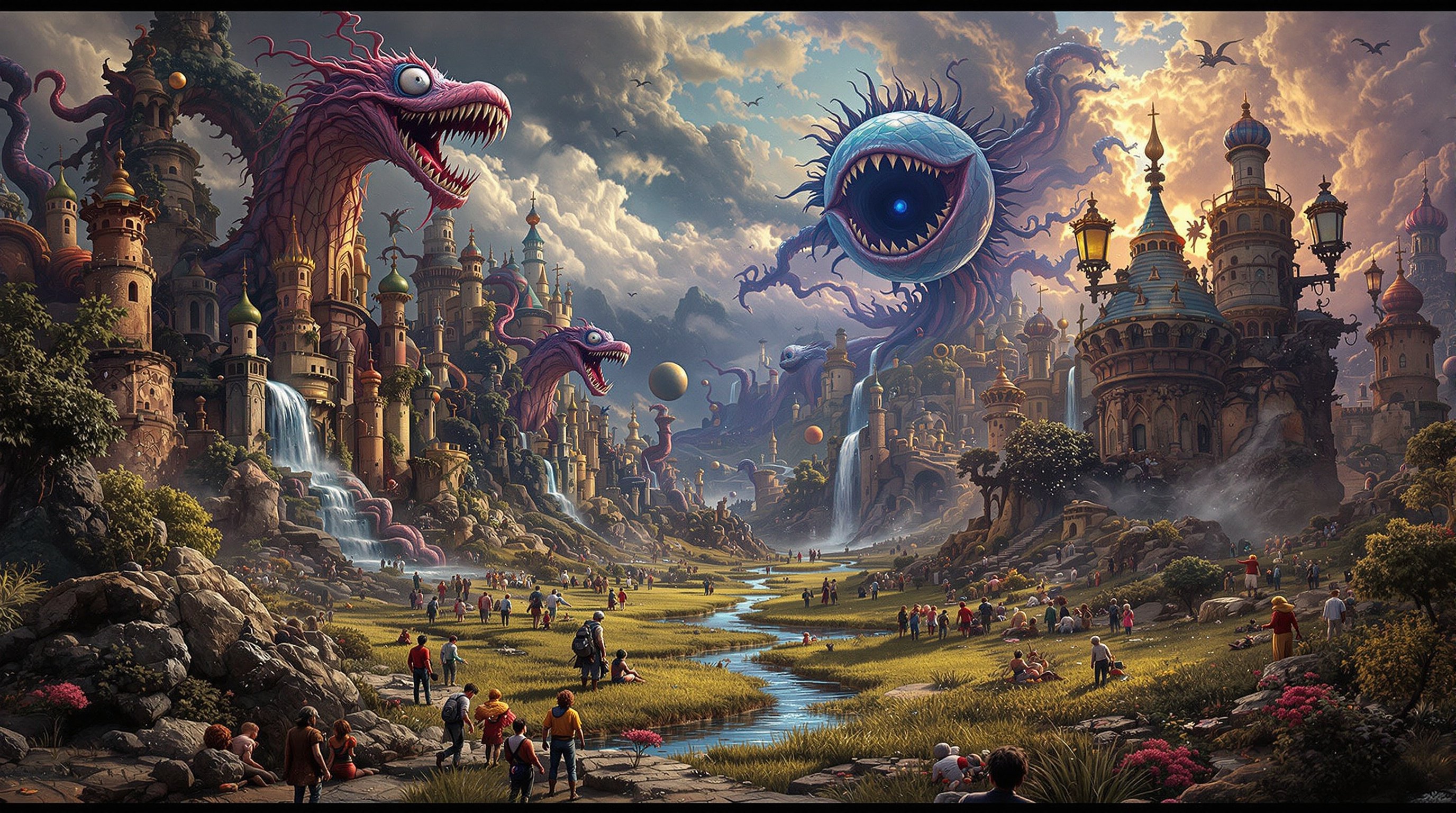 Surreal scene with imaginative creatures in a fantasy landscape. Lush green valley and enchanting castles. Detailed digital artwork with vibrant colors. Ethereal atmosphere filled with life and magic.