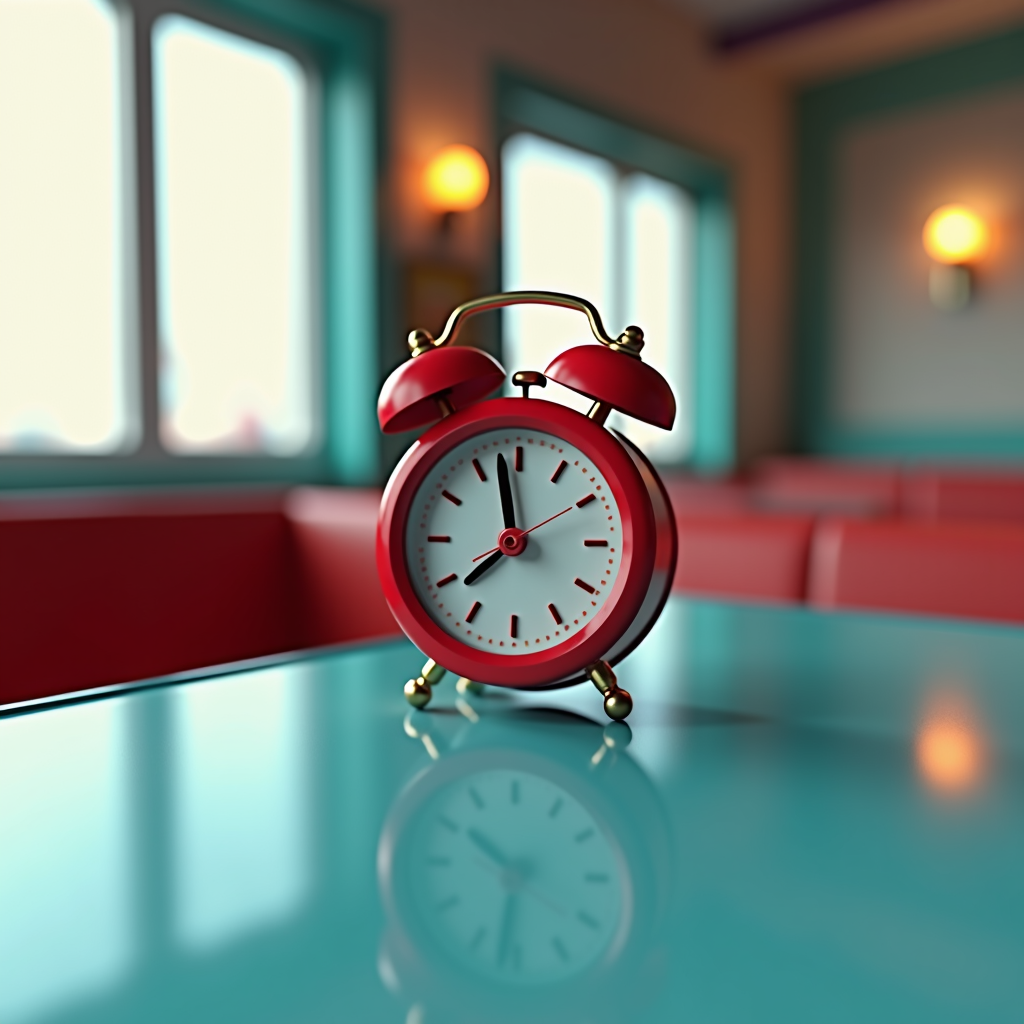 A classic red alarm clock with gold accents sits on a reflective turquoise surface, set against a background with vintage diner-style decor including large windows and wall sconce lighting.