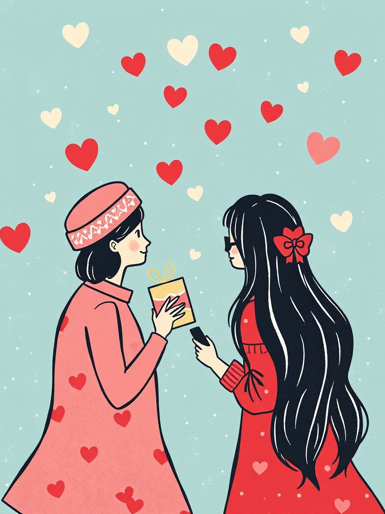 Two women exchange a gift surrounded by floating hearts, symbolizing affection and friendship.