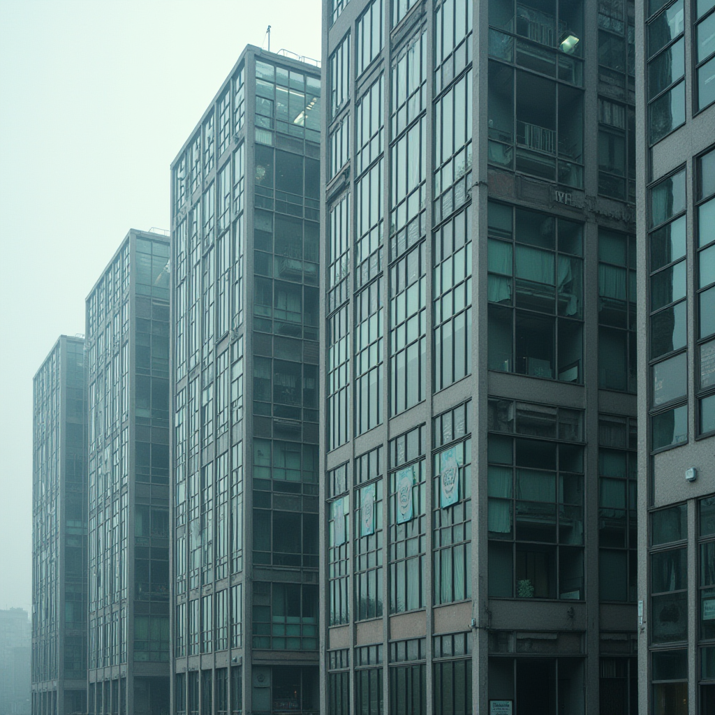 A series of modern high-rise office buildings with glass facades reflecting a foggy, overcast sky.